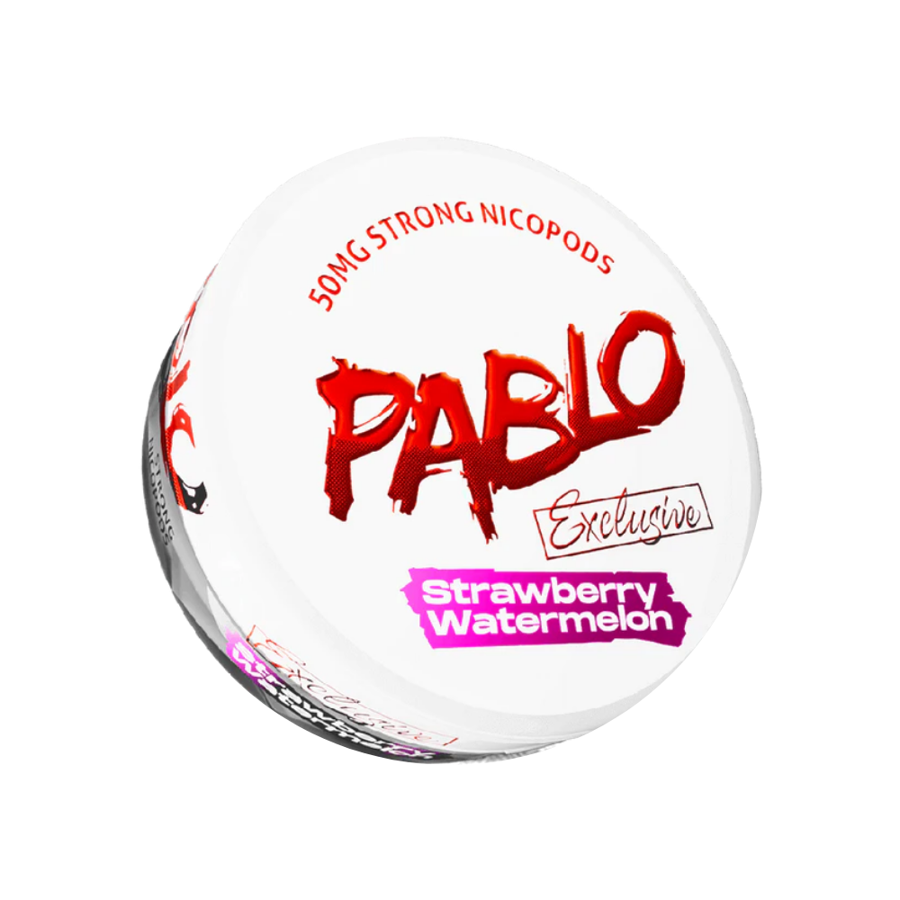 Detail close-up of the PABLO product container showcasing a round design, bold logo, and screw top in white, red, and pink.