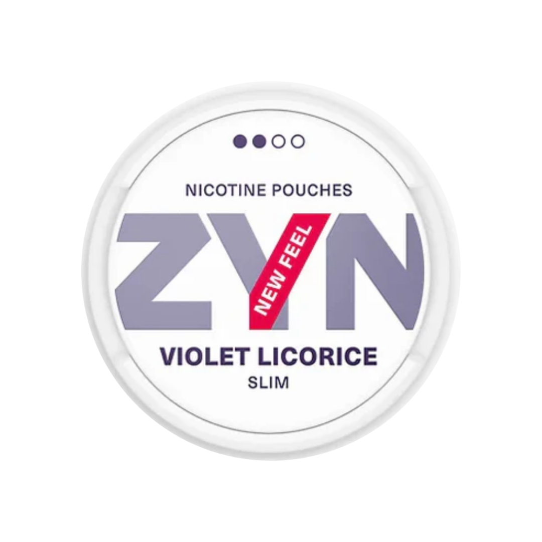 Detail close-up of Zyn Violet Licorice round tin showcasing branding and flavor label in white and purple colors.