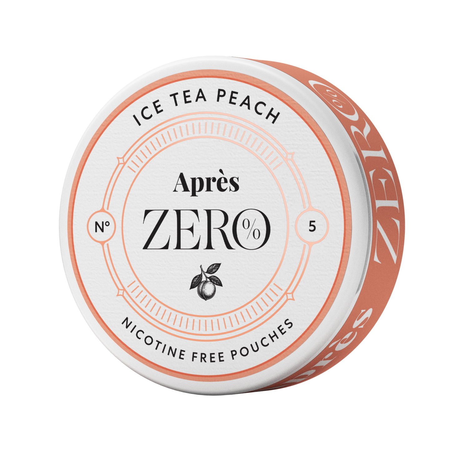 Front view of the peach iced tea container featuring a circular design and branding text on a transparent background