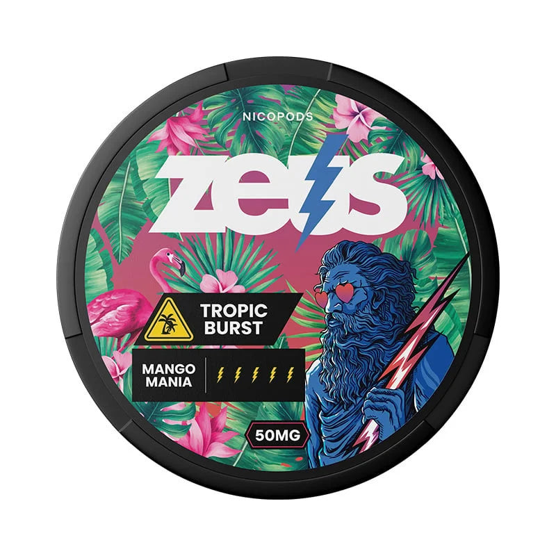 Front view of the circular black container with floral design, bold logo, and warning symbol.