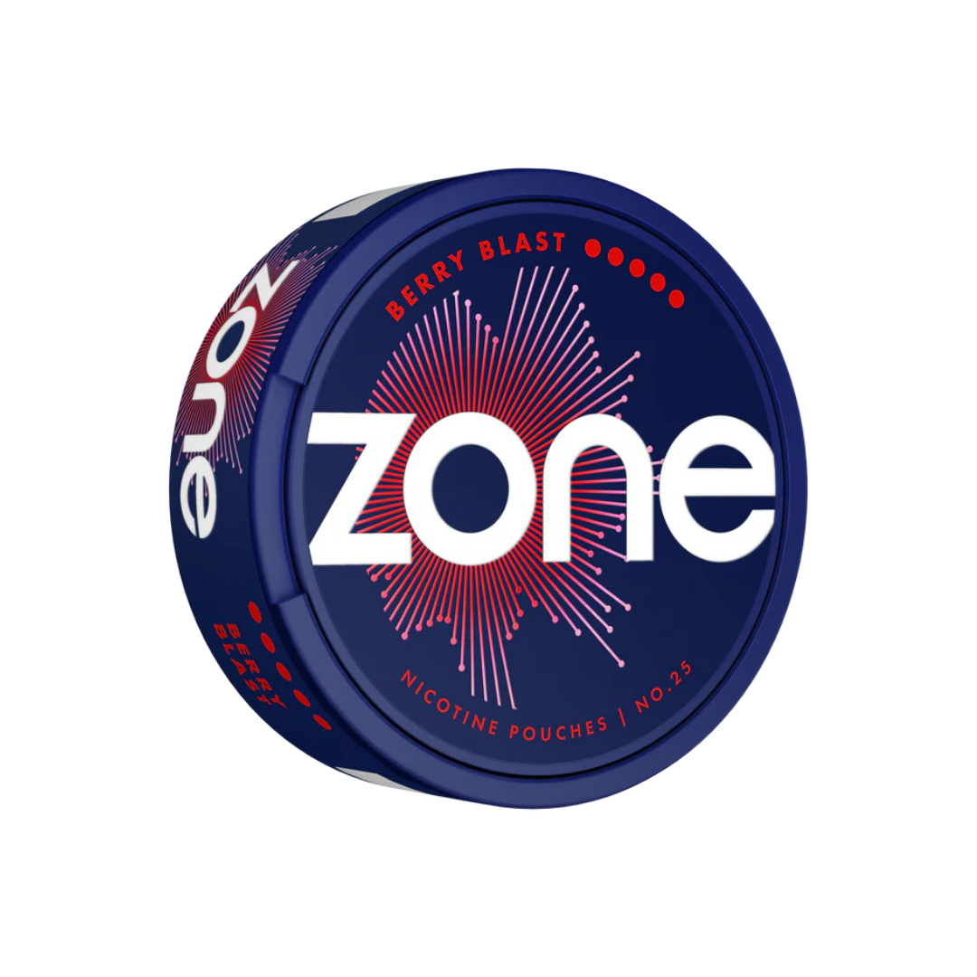 Front view of the circular nicotine pouch can featuring bold logo and graphic design in blue, red, and white colors.