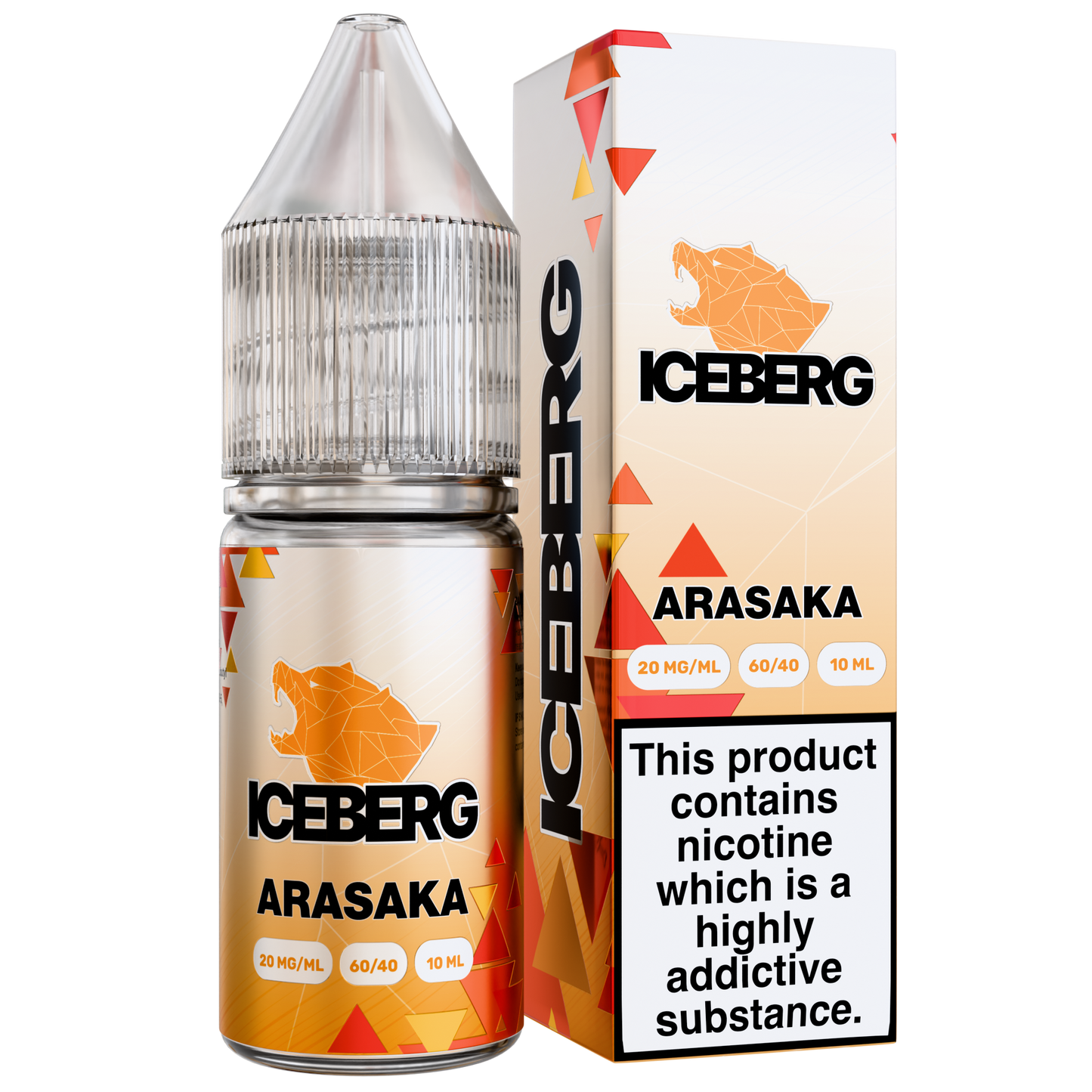 Packaging shot of Iceberg Arasaka e-liquid bottle in orange, white, and black with graphic design and warning label.
