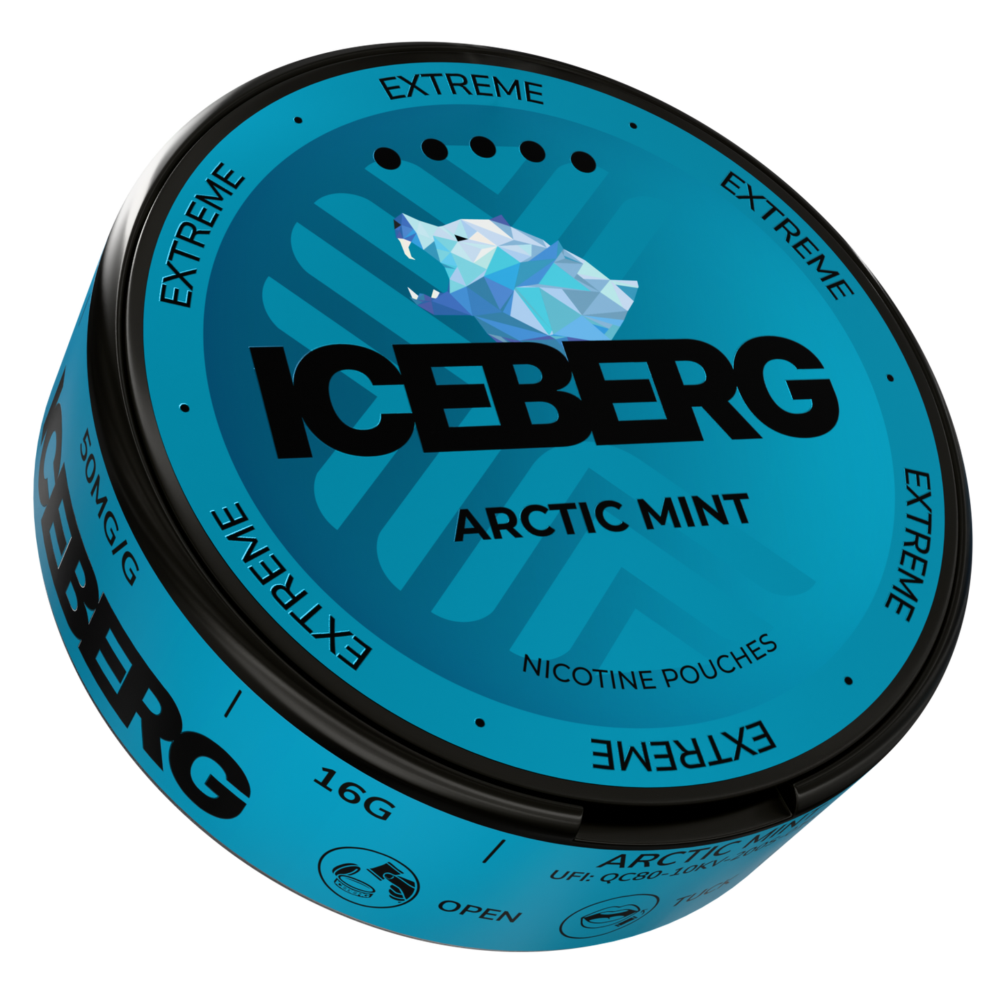 Side view of the arctic mint can showcasing its circular design with blue, black, and white colors.