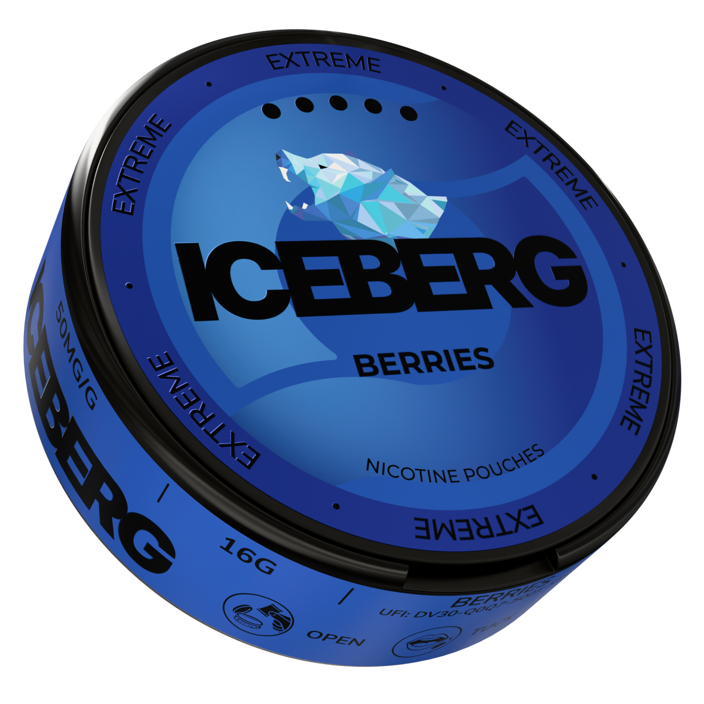 Side view of a circular tin in blue and black with a matte finish showcasing the logo design.