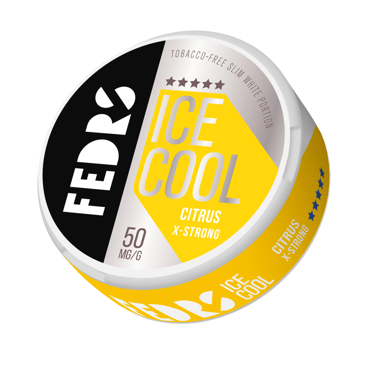 Front view of the round citrus-flavored can showcasing bold yellow, black, and white branding.