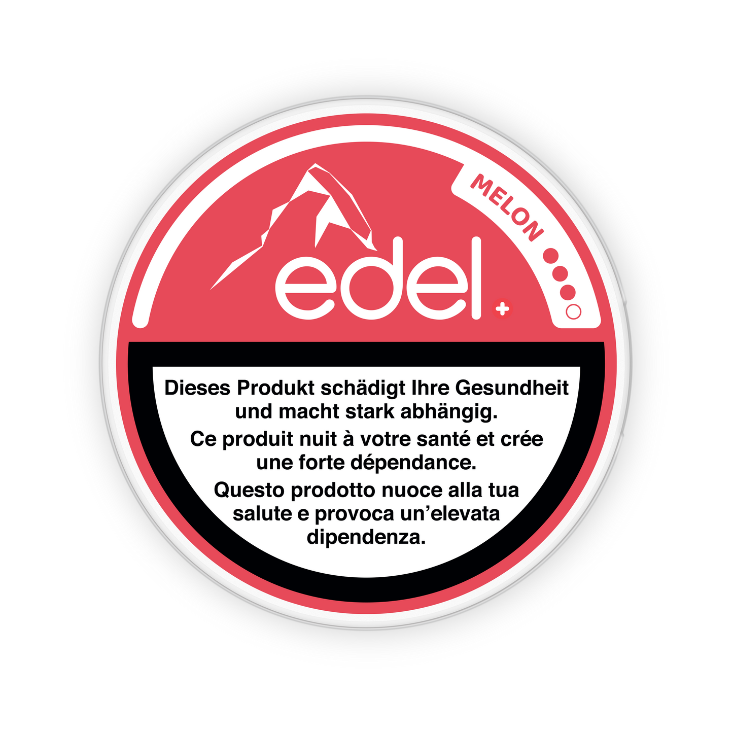 Detail close-up of the circular Edel Melon snus can featuring red, black, and white colors with brand logo and warning text.