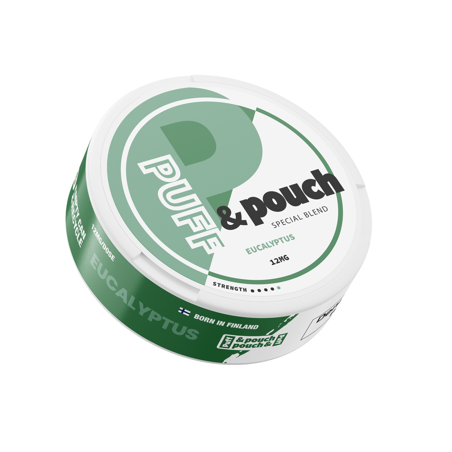 Front view of the round eucalyptus canister featuring a green and white label design on a transparent background