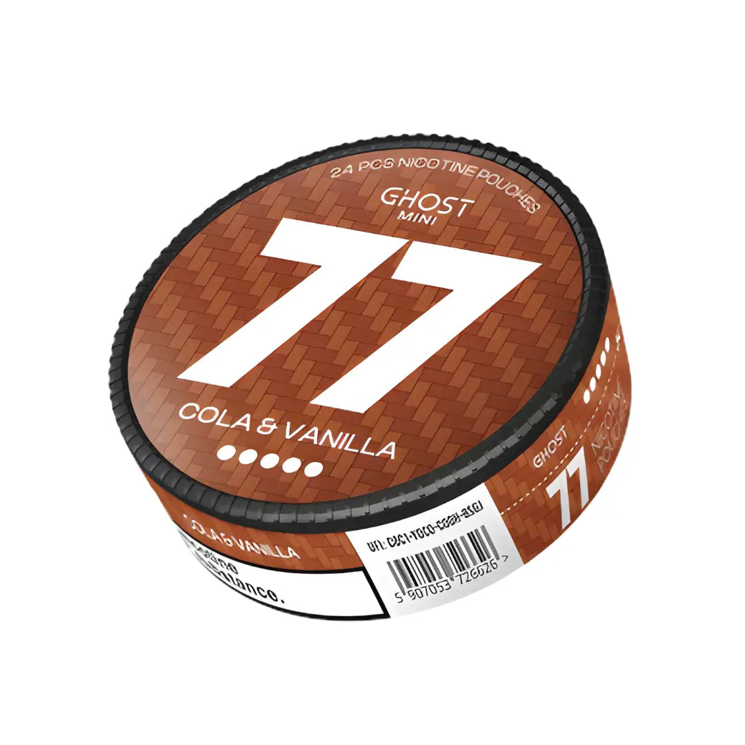 Mini cola vanilla vape by 77 Ghost, featuring strong flavor, with colorful packaging visible in the image.
