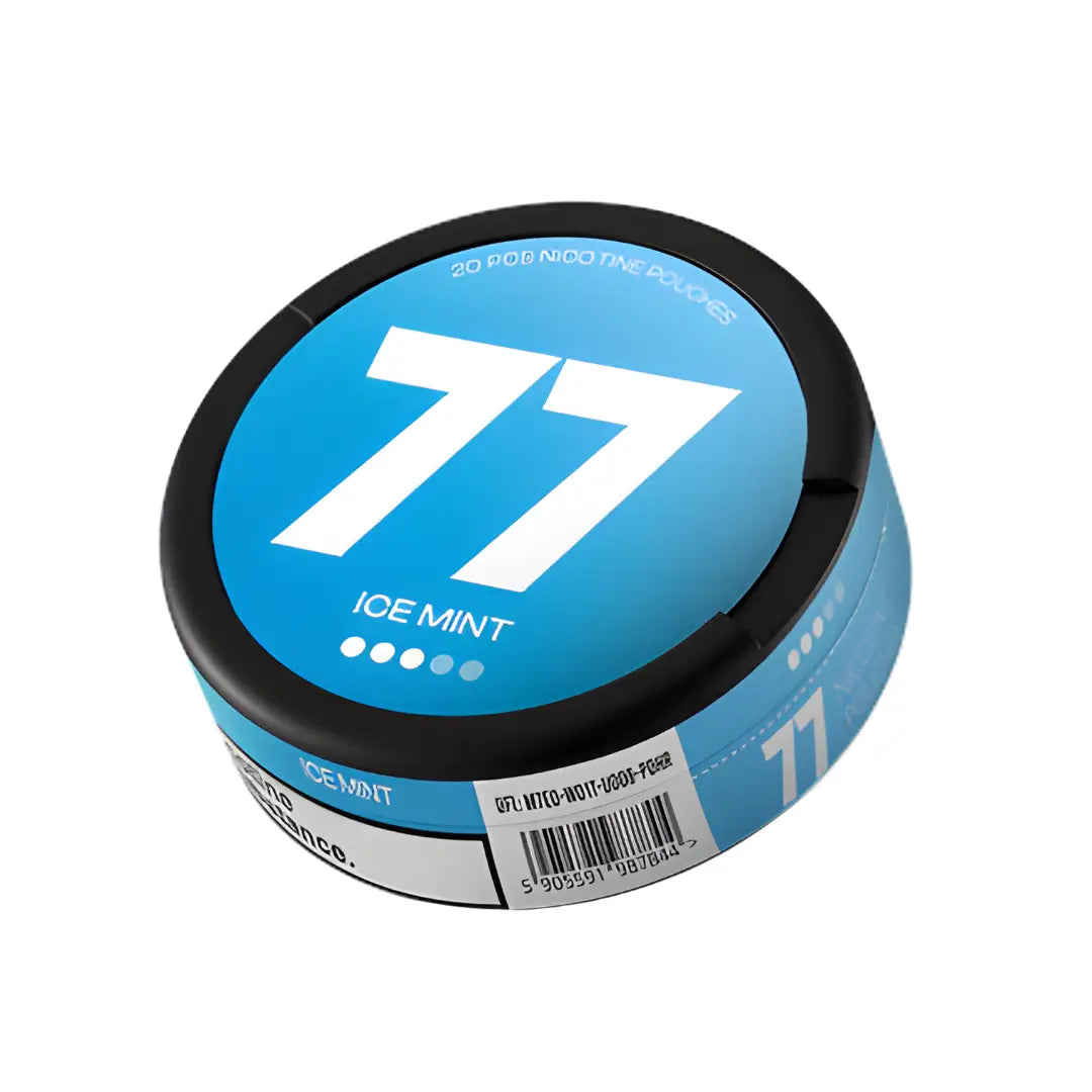 Close-up of Europesnus.com 77 Ice Mint disposable vape with mint-flavored e-liquid and sleek design.