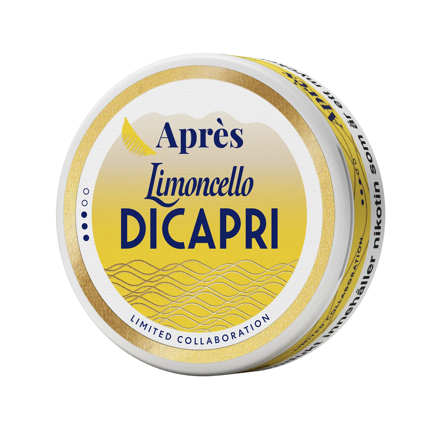Limoncello Dicapri snus pouch from Après by Killa Snus, shown in lime yellow packaging with lemon illustrations.