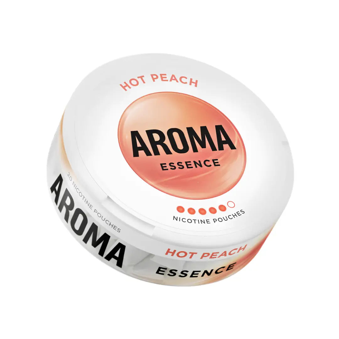 Aroma King Hot Peach pouch snus by Killa Snus, showing bright orange and peach flavored pouch in a sleek container.