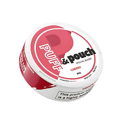 Puff & Pouch Cherry by Killa Snus, in a compact pouch with cherry flavor, displayed in a clear container on a white background.