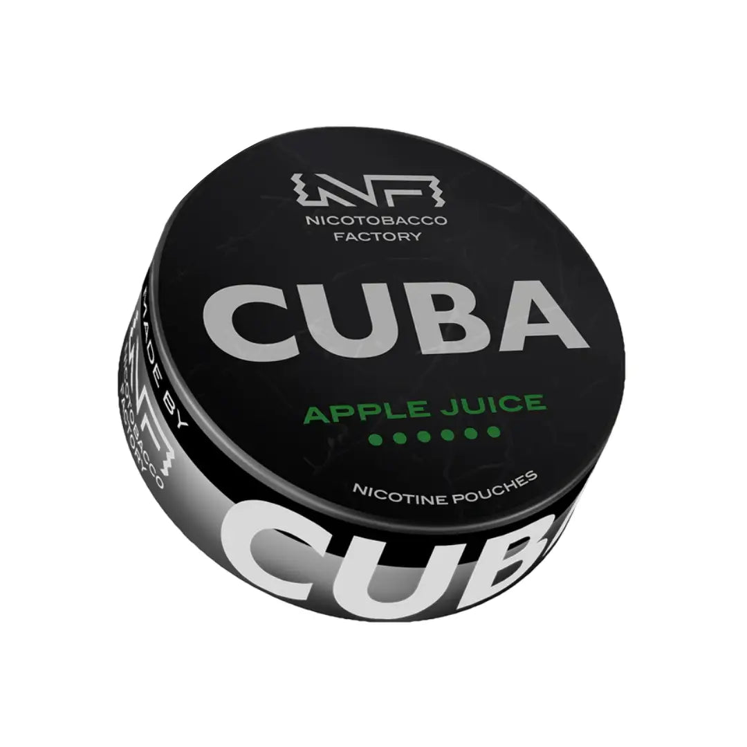 Cuba Black Apple Juice bottle with label showing black apple imagery, placed on a wooden surface.