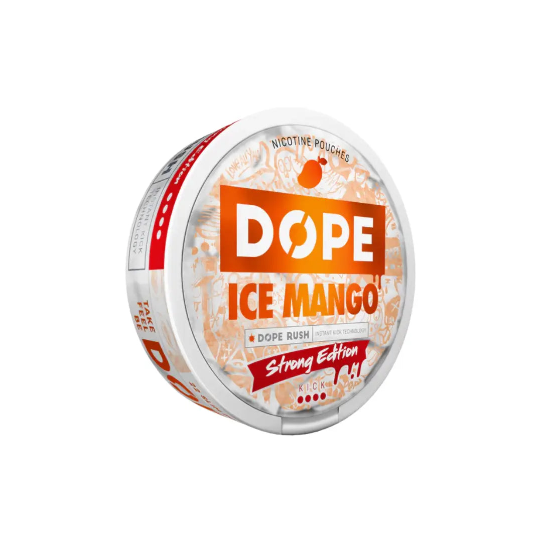 Dope Ice Mango 16mg disposable vape with colorful mango and ice flavor design, showcasing the product packaging.