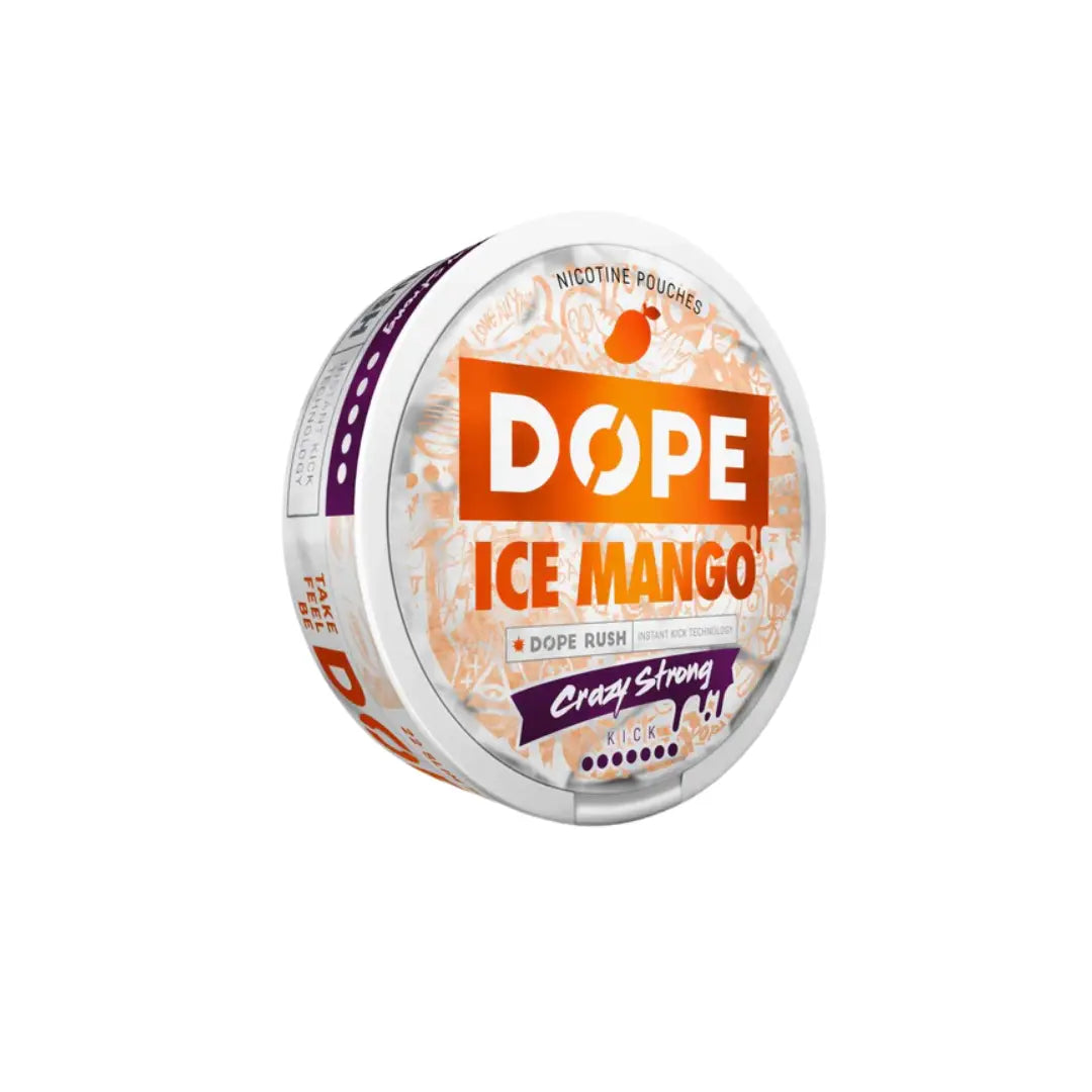 Dope Ice Mango disposable vape with 28.5mg nicotine, featuring mango flavor and sleek design, shown in the product image.