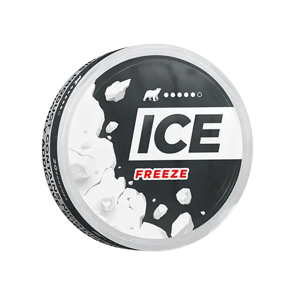 Ice Freeze 22mg nicotine pouch can by Europesnus.com, showing the side view of the black and silver can with branding.