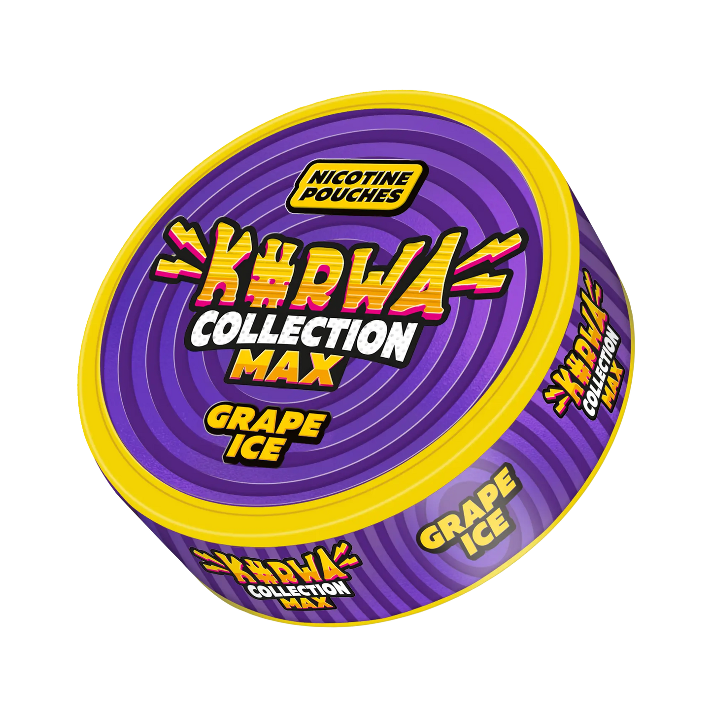 Collection mockup of Kurwa Max Grape Ice snus from Europesnus.com showing the tin with grape and ice flavor branding