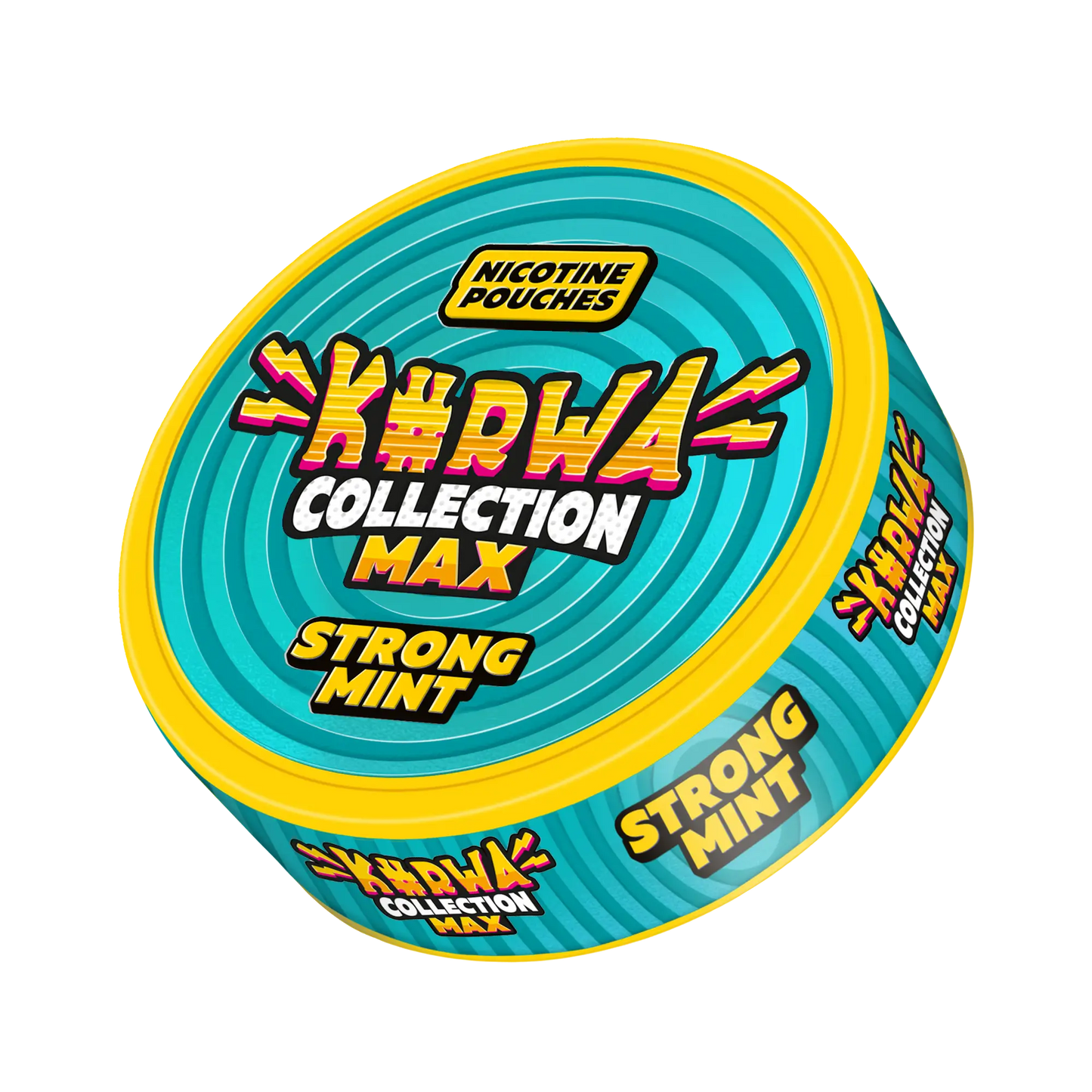 Kurwa Max Strong Mint snus pouch collection mockup featuring sleek packaging with fresh mint flavor branding.