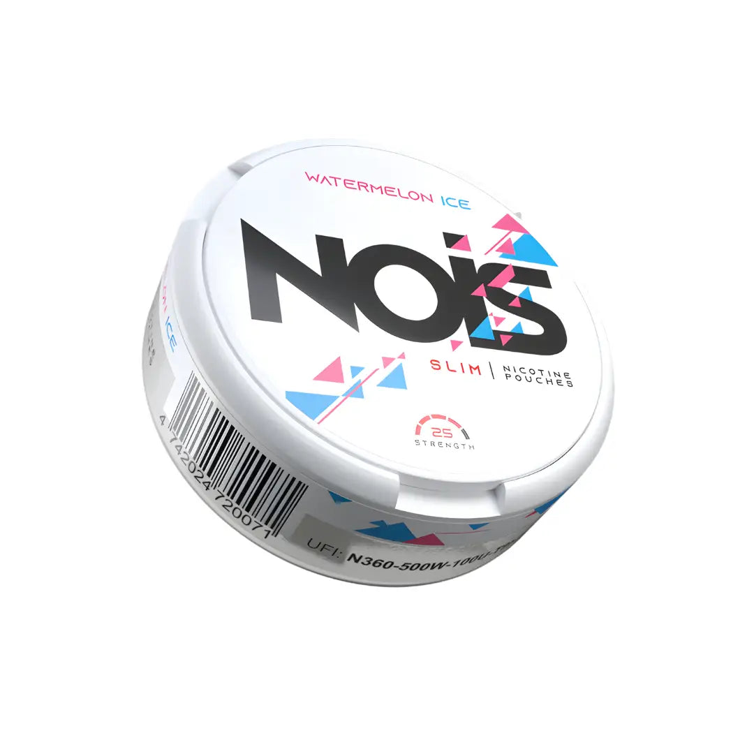 Nois Watermelon Ice vape flavor bottle with colorful label, featuring fresh watermelon and icy mint imagery.