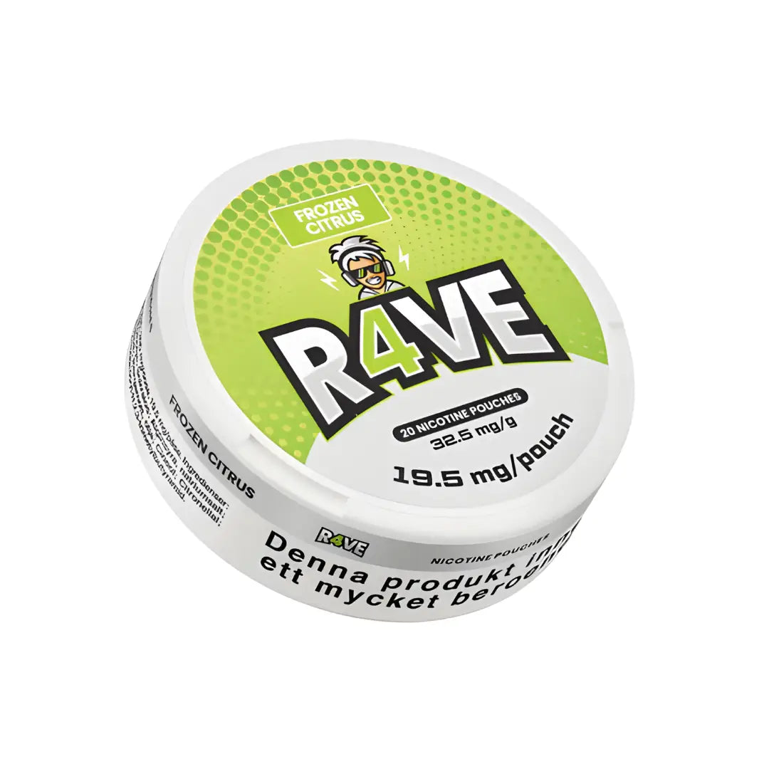 Rave Frozen Citrus 32.5mg edible pack from Europesnus.com, showing colorful citrus-flavored gummies on a white background.