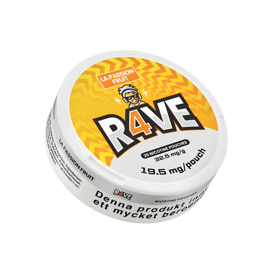 Rave LA Passion Fruit 32.5mg cannabis vape cartridge from Europesnus.com with passion fruit flavor and branding details