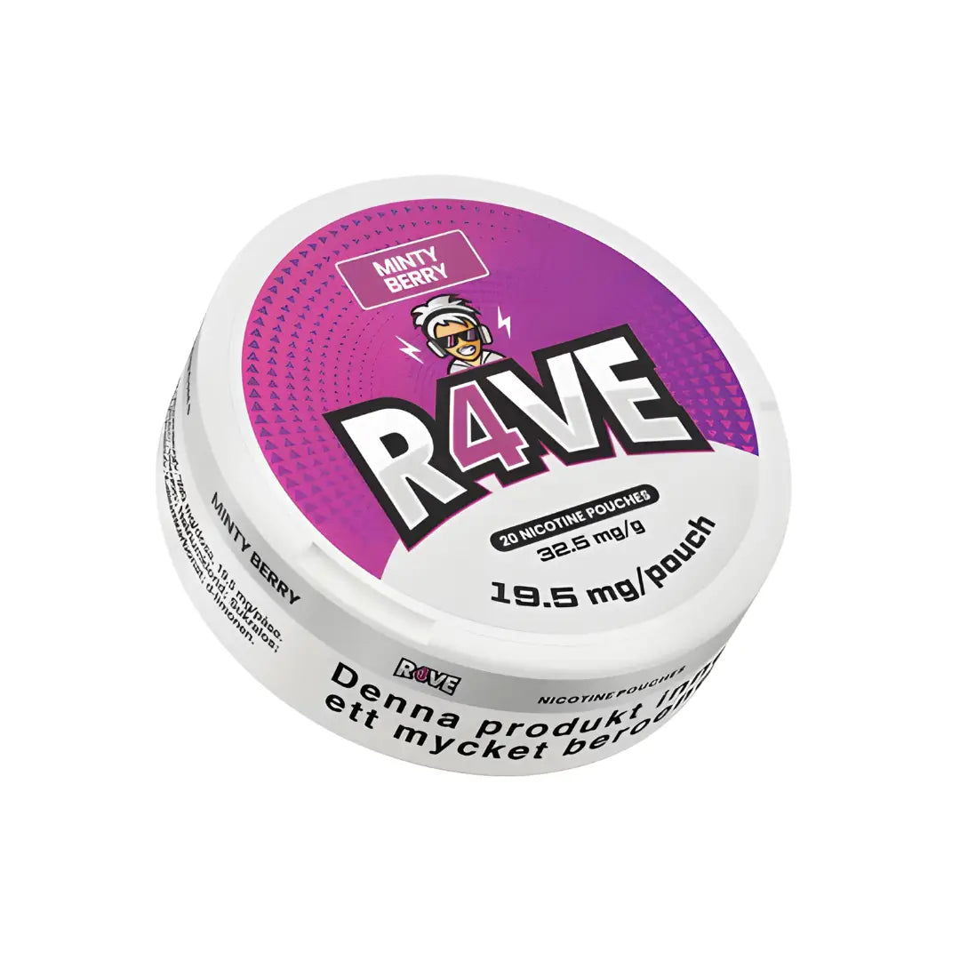 Rave Minty Berry 32.5mg cannabis product from Europesnus.com, featuring mint and berry flavor with clear packaging in the image