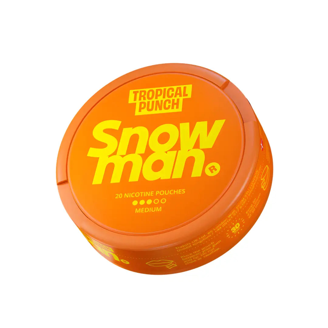 Snowman Tropical Punch 9mg e-liquid bottle with colorful label featuring tropical fruit graphics, for vaping.