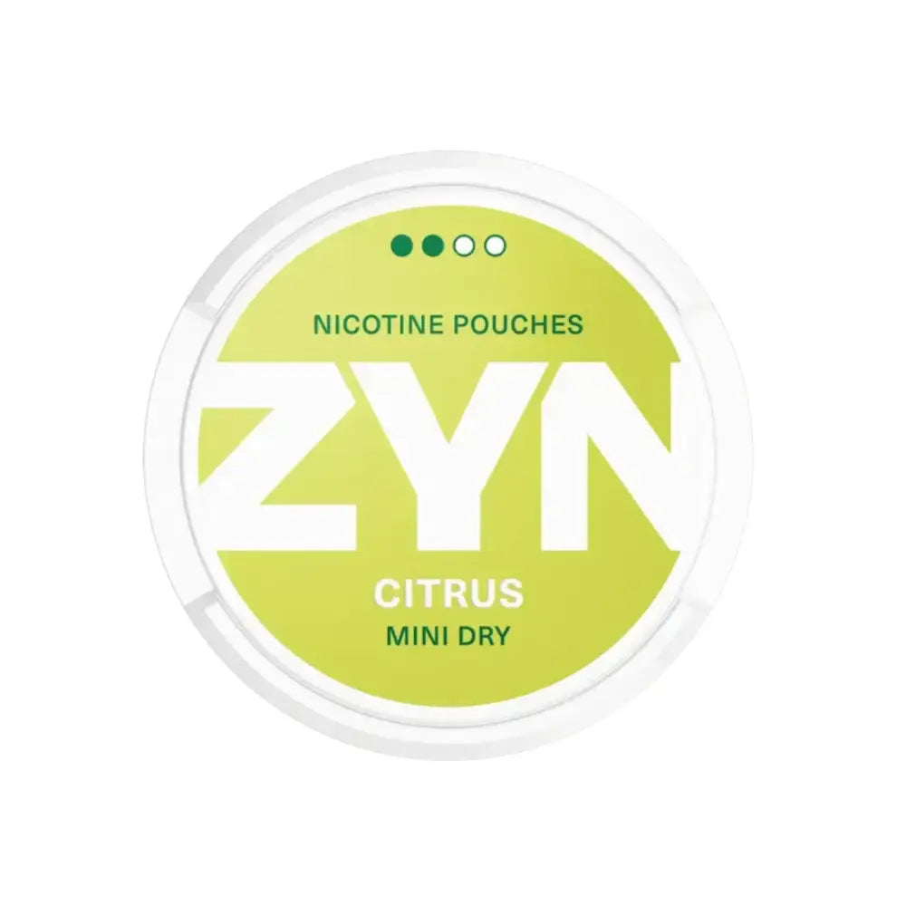 Zyn Citrus Mini Dry 3mg nicotine pouch with white and orange packaging, placed on a neutral background.