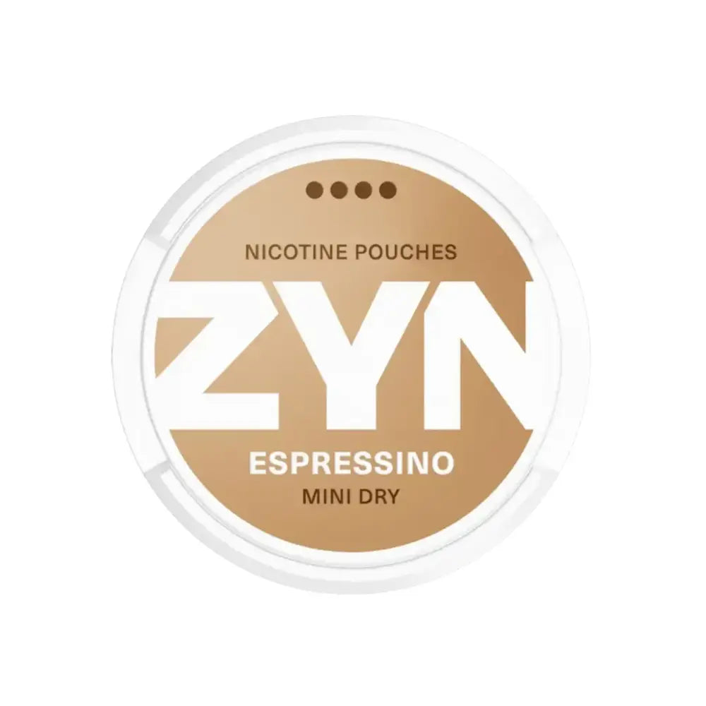 ZYN Mini Dry Coffee 6mg nicotine pouch in White Fox Peppered Mint flavor, showing the sleek white pouch with mint design.