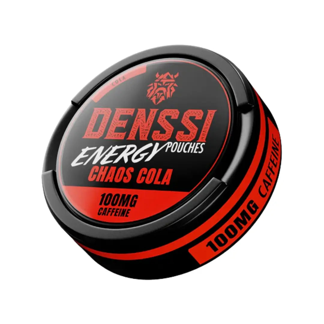 Denssi Energy Chaos Cola caffeine supplement bottle with vibrant label, featuring bold red and black design, on a white background.