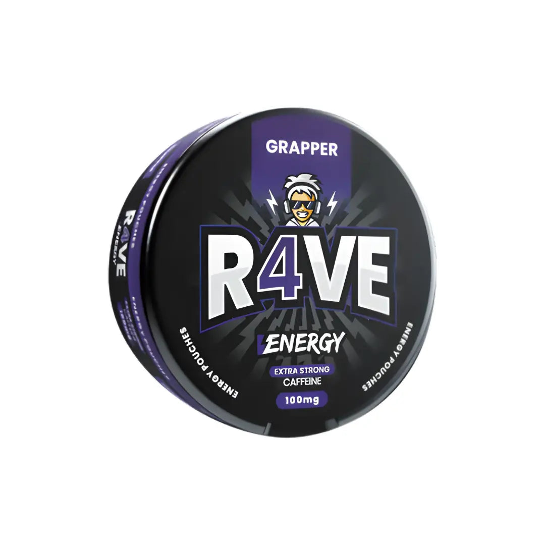 Rave Energy Grapper caffeine supplement in black packaging, designed for energy boost and focus.