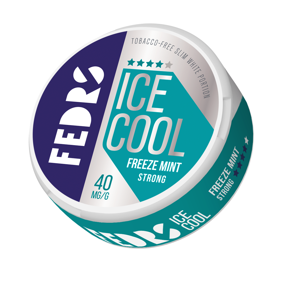 Front view of the teal and purple Freeze Mint Strong can featuring ice cool branding on a transparent background