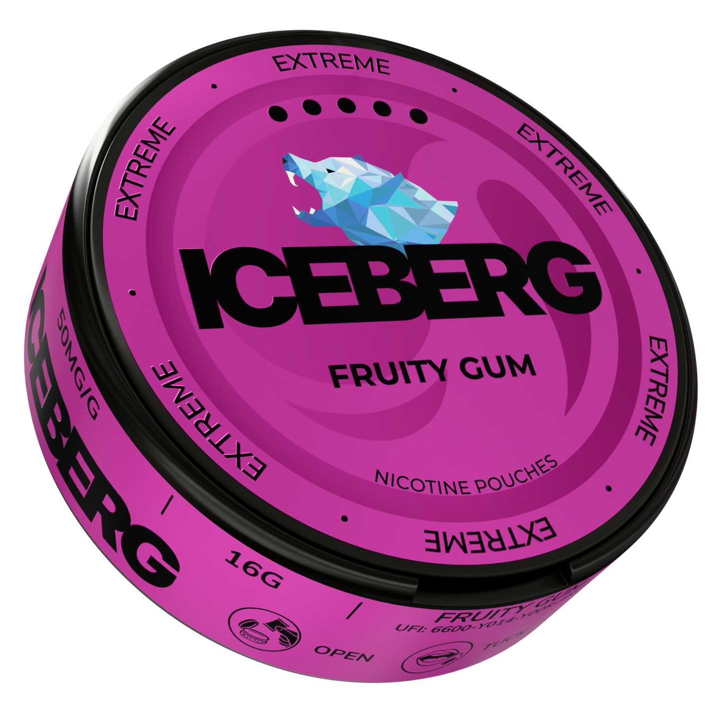 Side view of Iceberg Fruity Gum tin with bold text in pink and black colors.