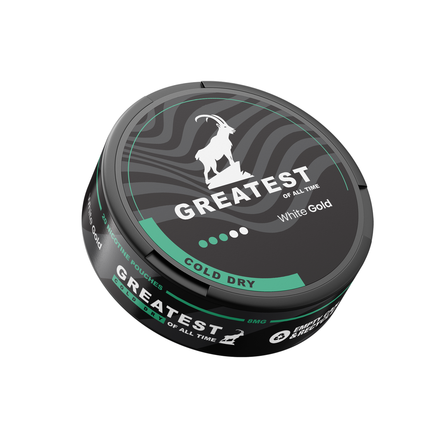 Detail close-up of the circular black and green snus can featuring the brand logo and text label.