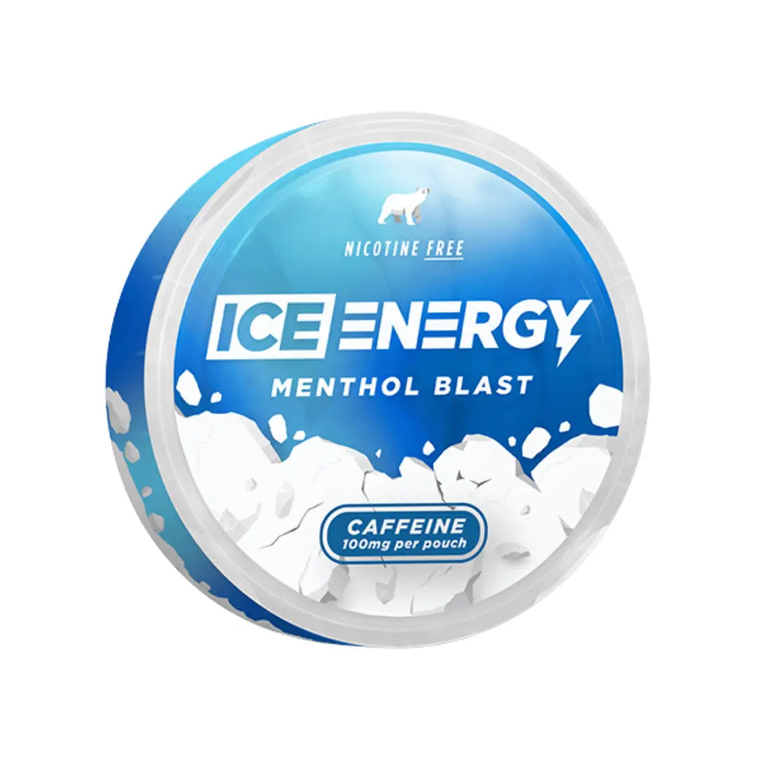 ICE Energy Ice Caffeine Pouch Menthol Blast with 100mg caffeine, showing the product packaging and menthol flavor.