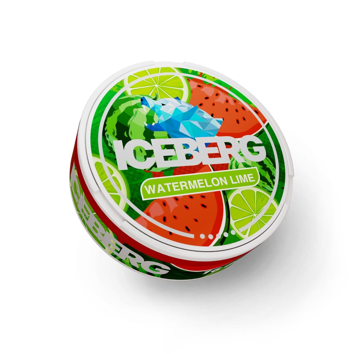 Detail close-up of the Iceberg Watermelon and Lime nicotine pouch tin with vibrant fruit graphics in green, red, and white.