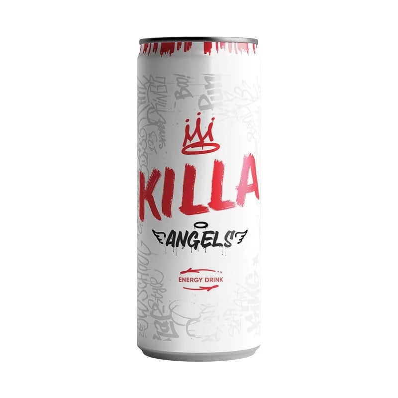 Front view of the Killa Angels energy drink can featuring a bold logo and minimalist design in red and white.