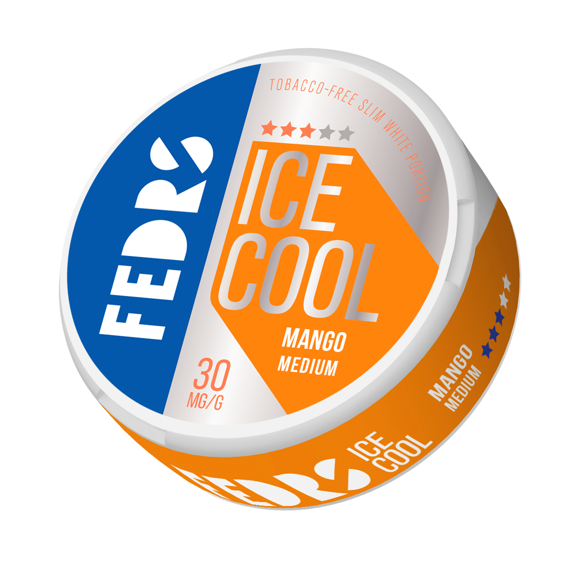 Front view of a circular can featuring orange and blue branding with cooling effect and flavor description.