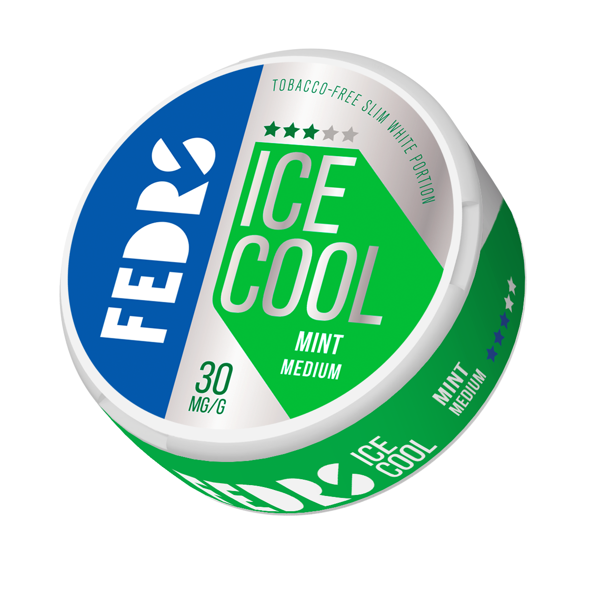 Front view of a circular mint ice cool can featuring blue, green, and white branding.