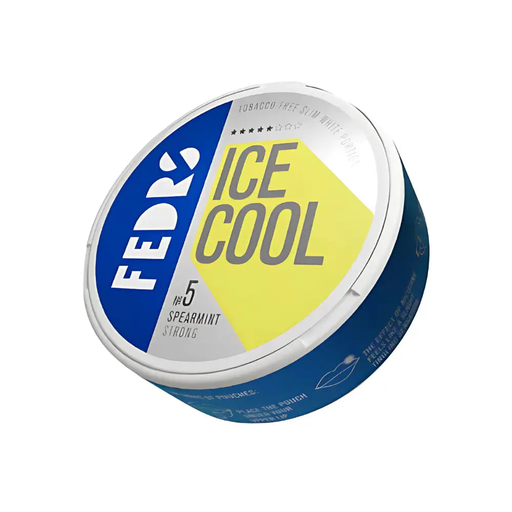 Fedrs Ice Cool Spearmint No.5 pouch by NikoPouches.dk, featuring white packaging and spearmint flavor illustration.