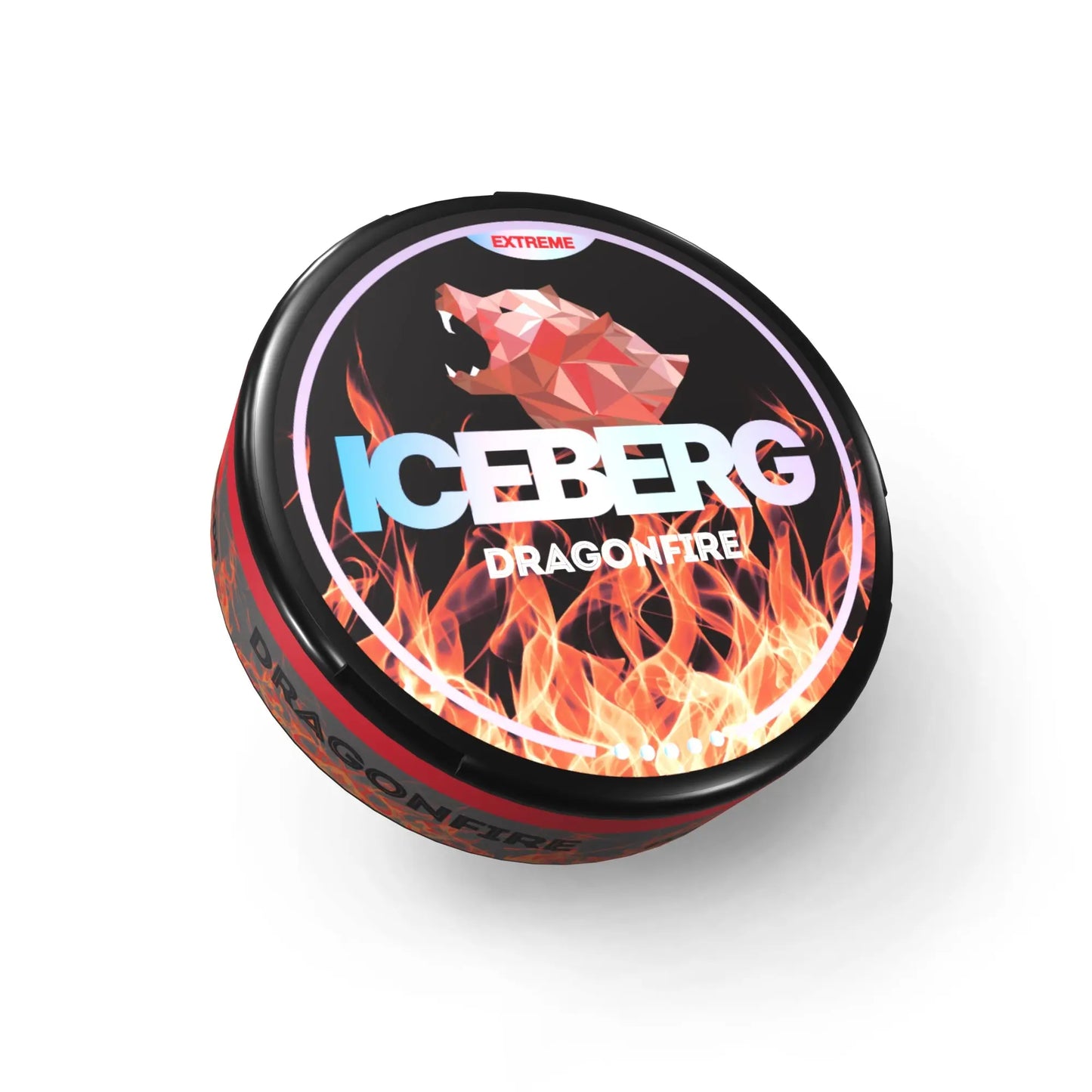 Iceberg Dragonfire x-strong pouch by NikoPouches.dk, featuring a fiery dragon design on durable, high-strength material.