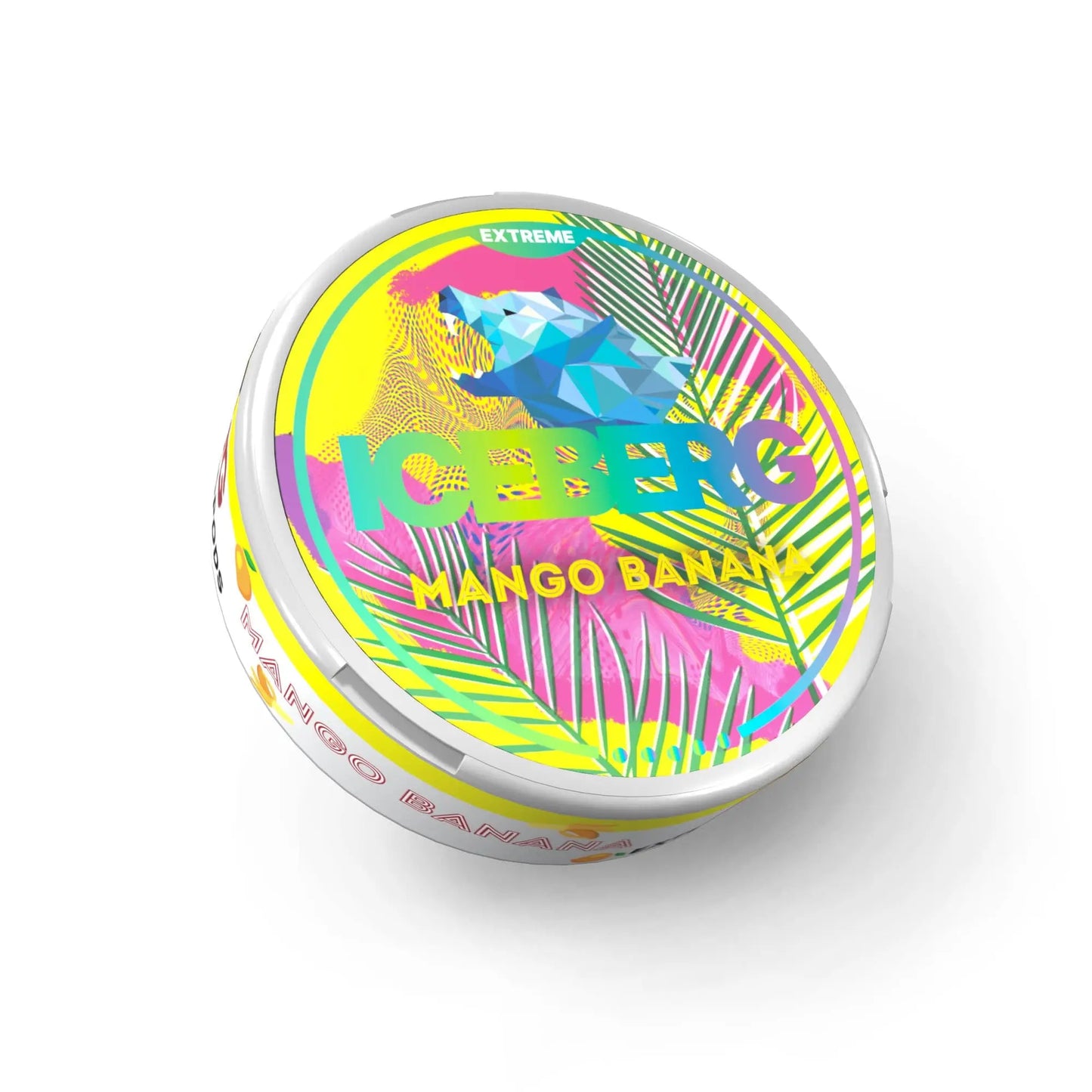 NikoPouches.dk Iceberg Mango Banana X-Strong pouch showing fresh mango and banana ingredients in a vibrant packaging design.