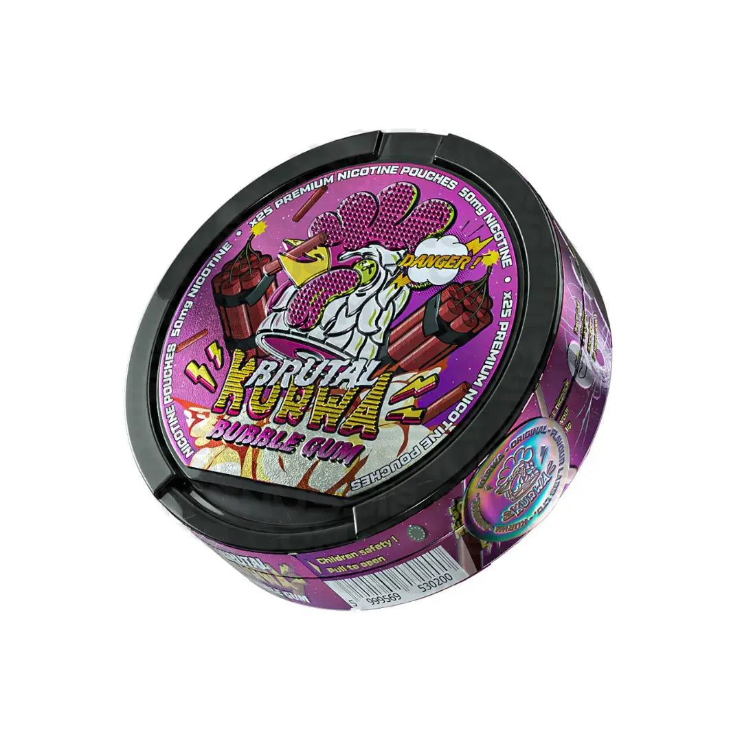 Kurwa Bubblegum 50MG CBD pouch by NikoPouches.dk shown in colorful packaging on a white background.
