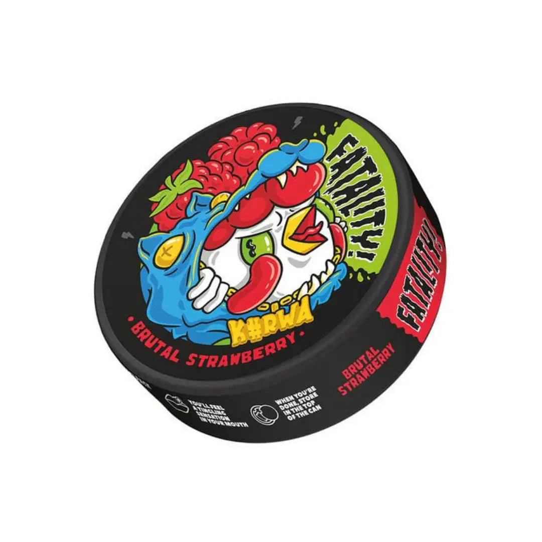 Kurwa Fatality Brutal Strawberry vape juice bottle from NikoPouches.dk, with bright red label and strawberry flavor graphics.