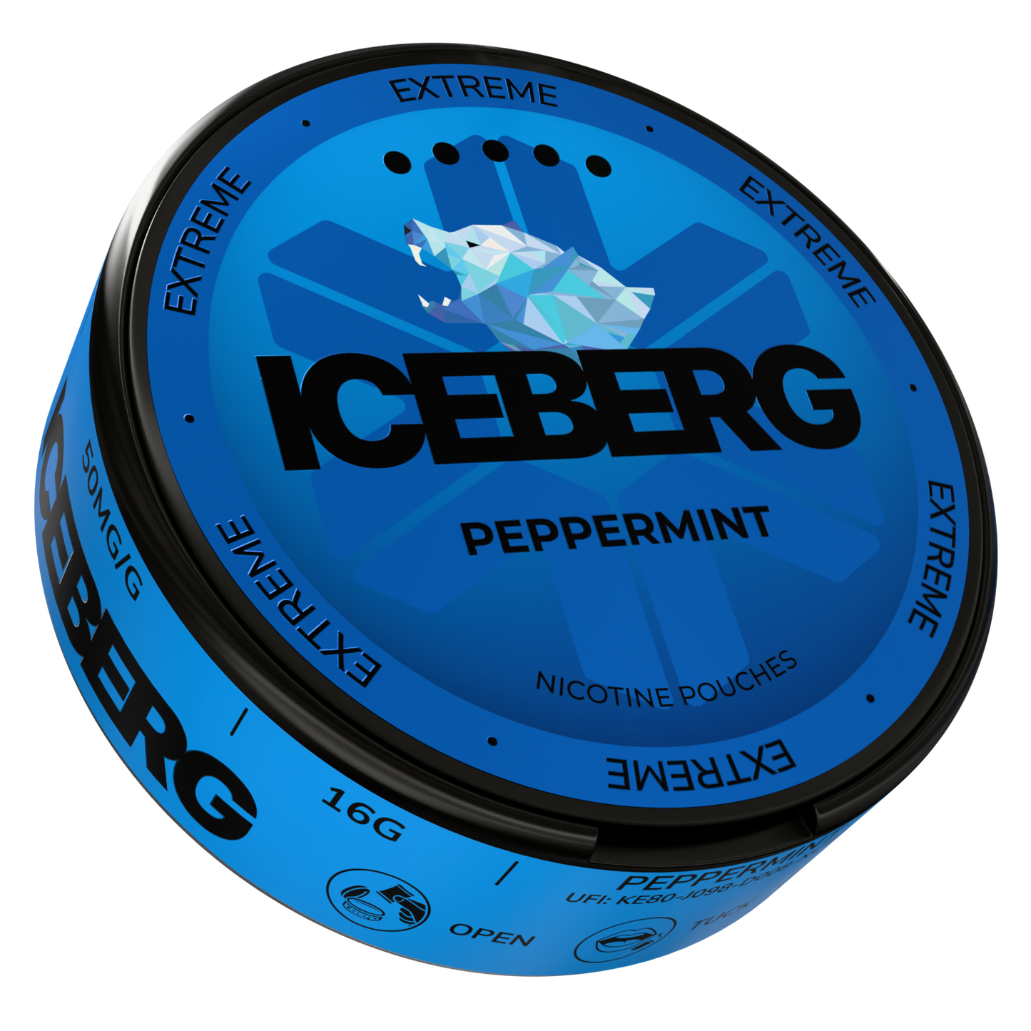 Side view of the Iceberg Mint Explosion tin in blue and black, highlighting the label design.