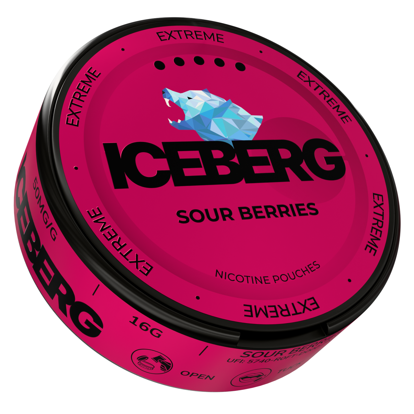 Side view of a circular tin of Iceberg Sour Berries featuring a pink and black flavor label.
