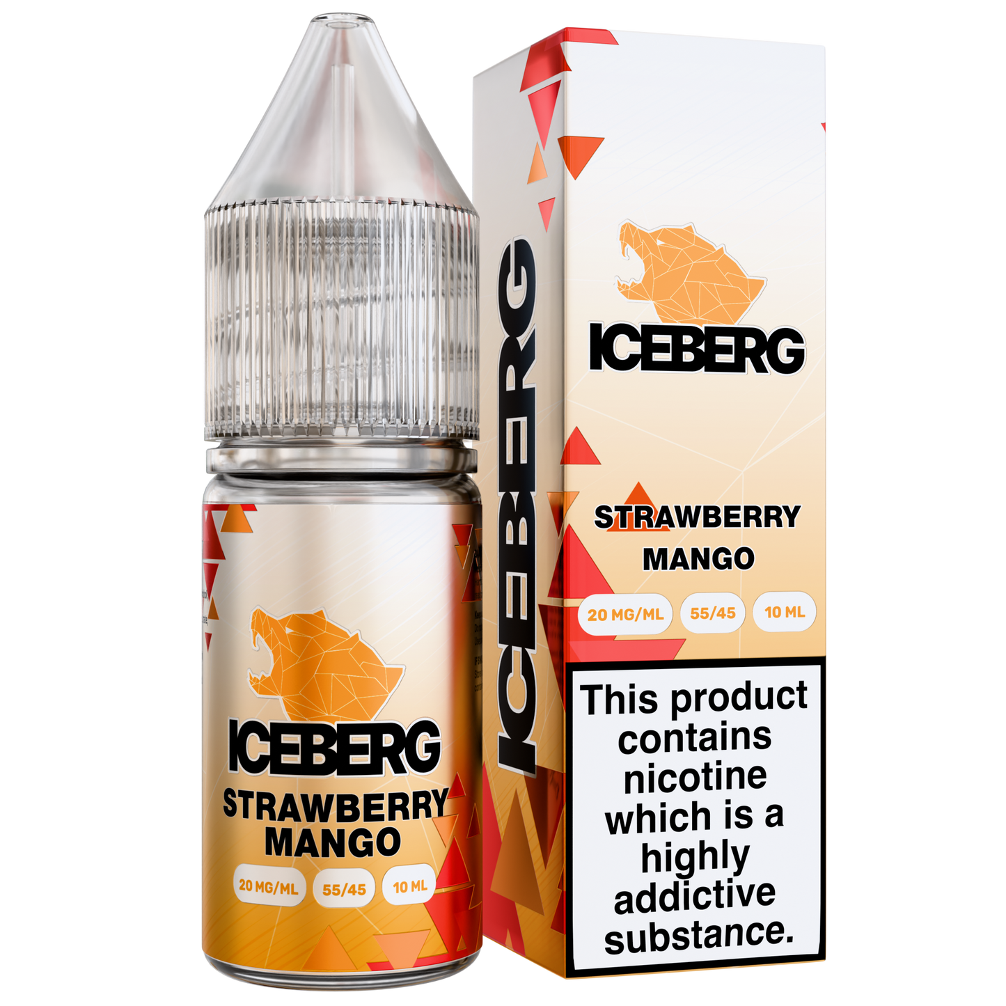 Packaging shot of strawberry mango e-liquid in a transparent bottle with a child-proof cap, featuring orange and white gra…