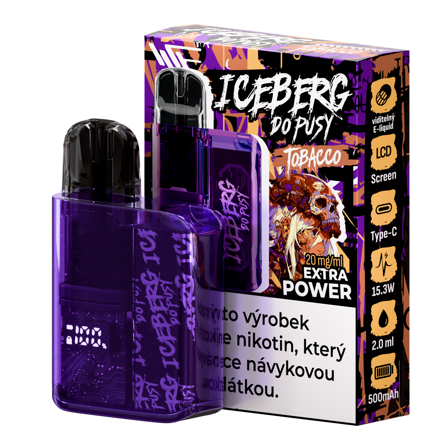 Packaging shot of the Iceberg Do Pusy Kit Tobacco featuring a purple vape bottle with graphic design elements in purple, b…