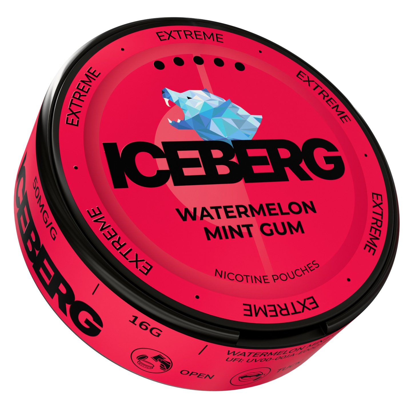 Side view of Iceberg Watermelon Mint Gum displaying the ingredient list and brand logo.