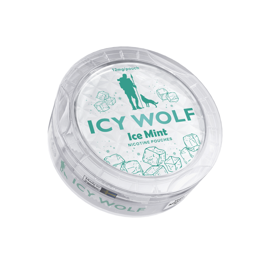 Detail close-up of the Icy Wolf Ice Mint pouch in a circular teal container with decorative design on a transparent backgr…